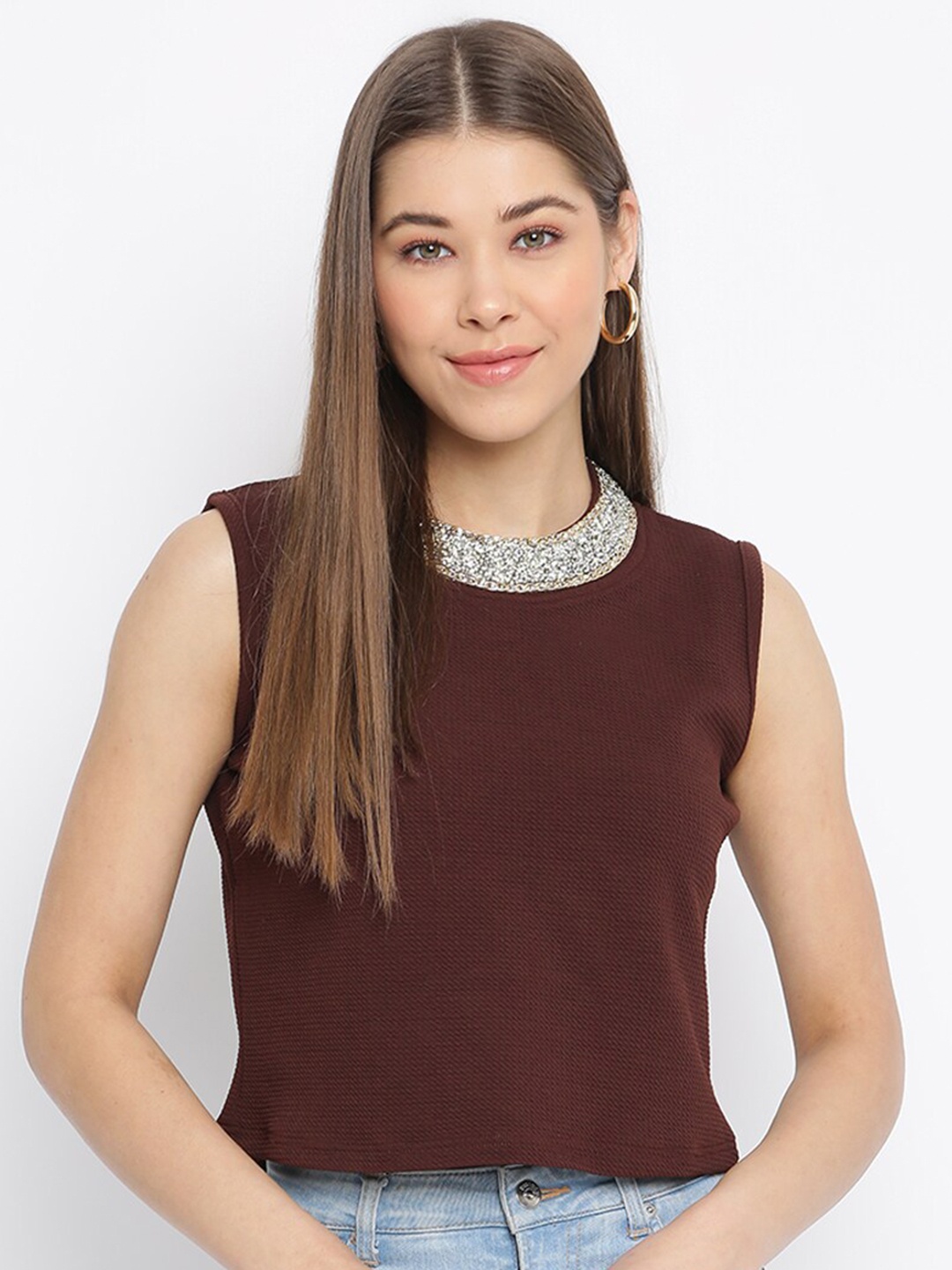 

Mayra Brown Embellished Neck Crop Top
