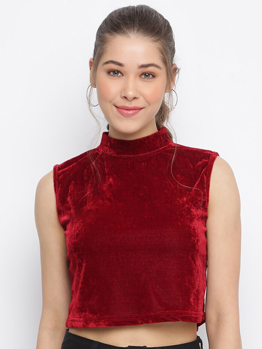 

Mayra Women Maroon Velvet Crop Top