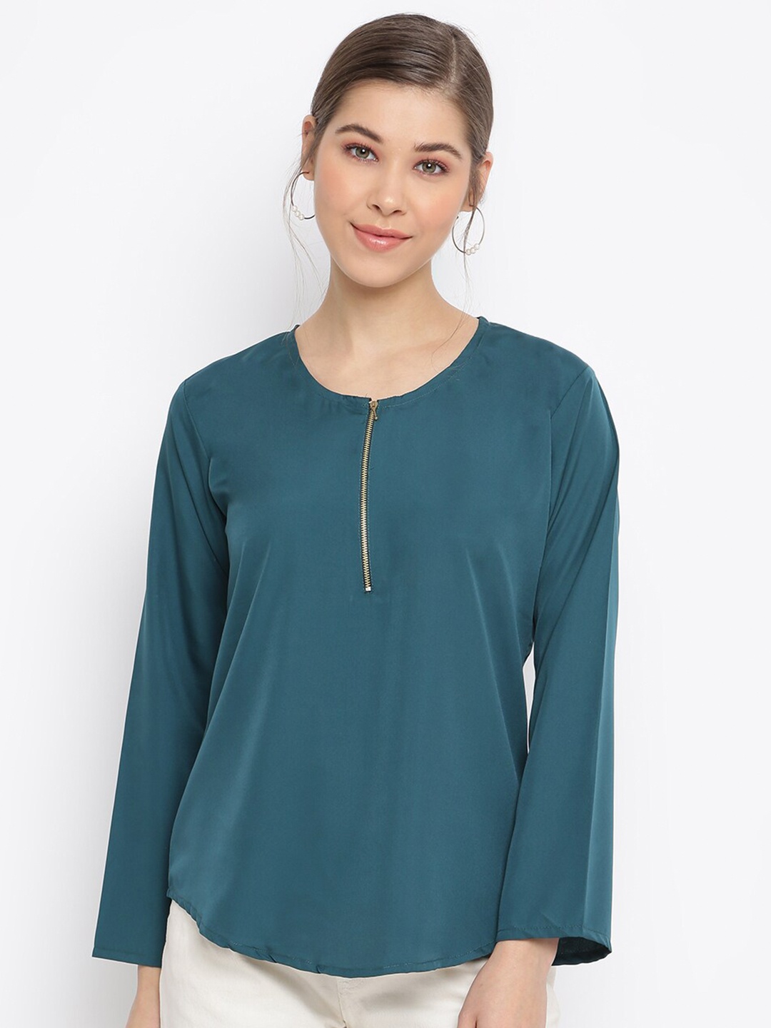 

Mayra Women Teal Green Solid Zip Detail Crepe Top