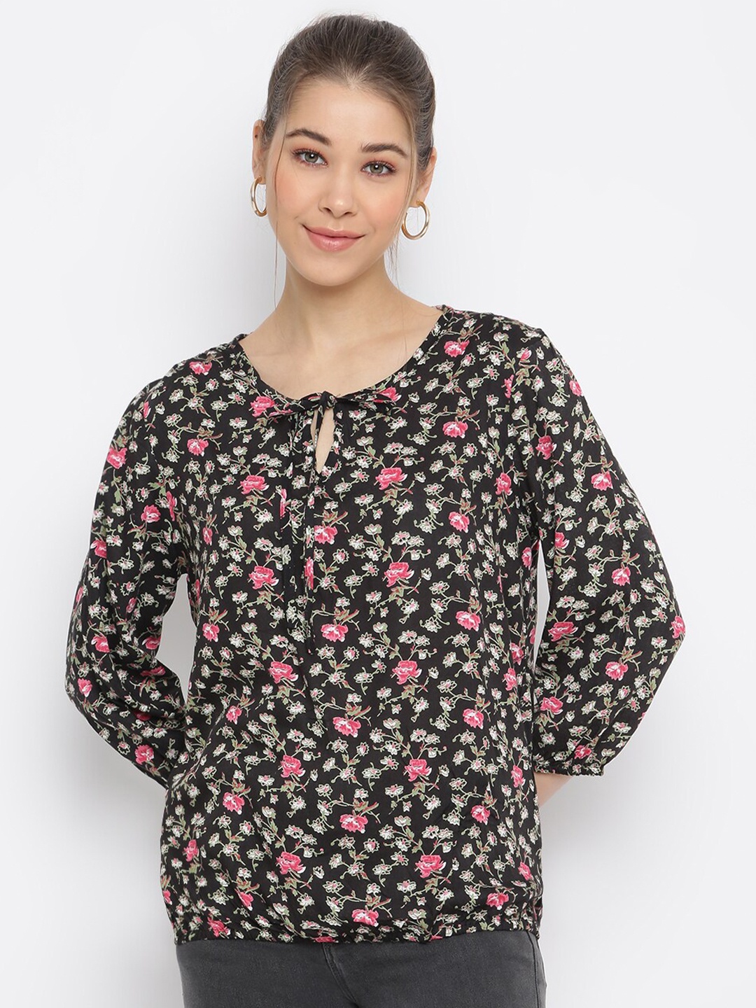 

Mayra Black Floral Print Tie-Up Neck Top