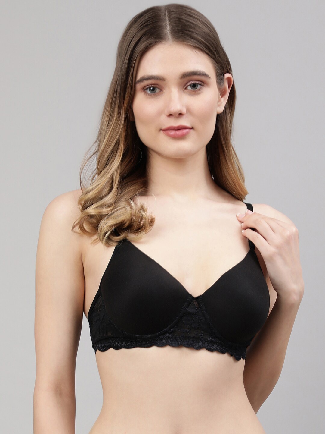 

CUKOO Black Solid Lightly Padded Full Coverage Nylon Everyday Bra