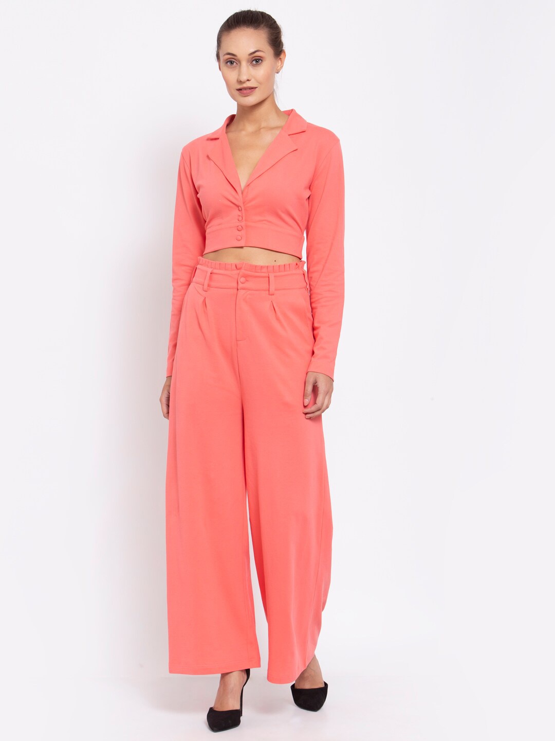 

YOONOY Women Coral Solid Top & Palazzo