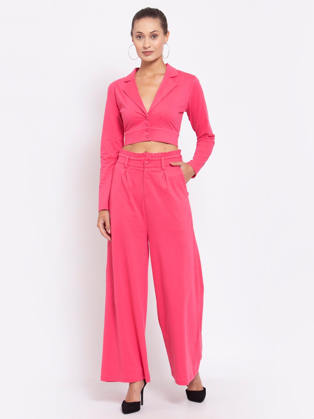 

YOONOY Women Pink Solid Coat with Trousers