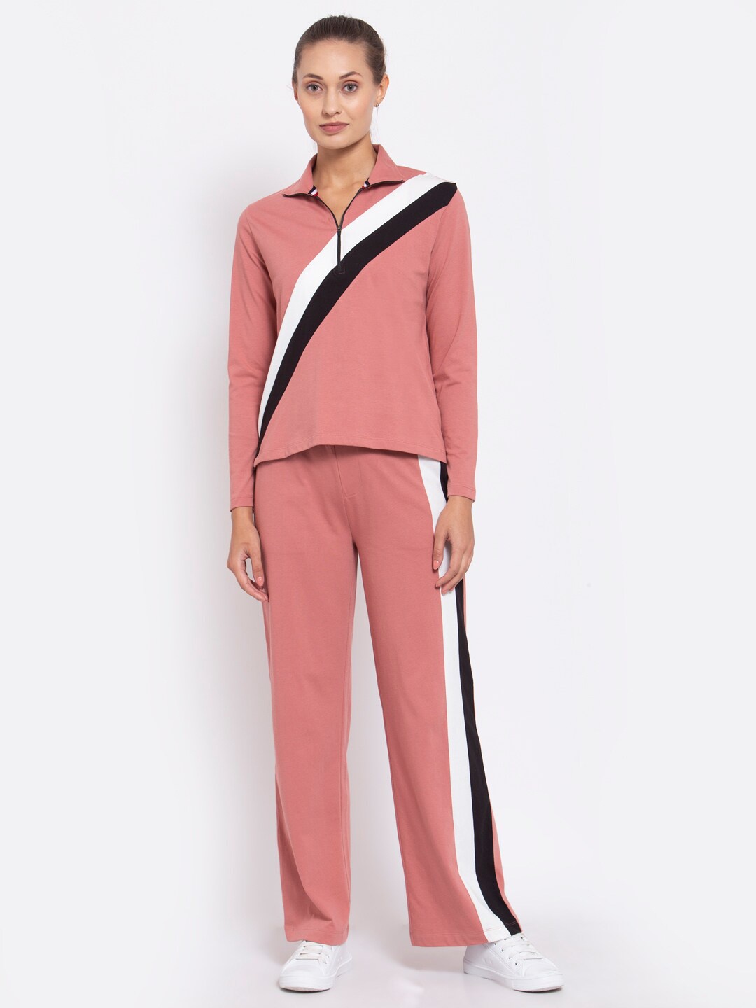 

YOONOY Women Rose Gold Long Sleeves Colourblocked Top With Trousers Co-Ords
