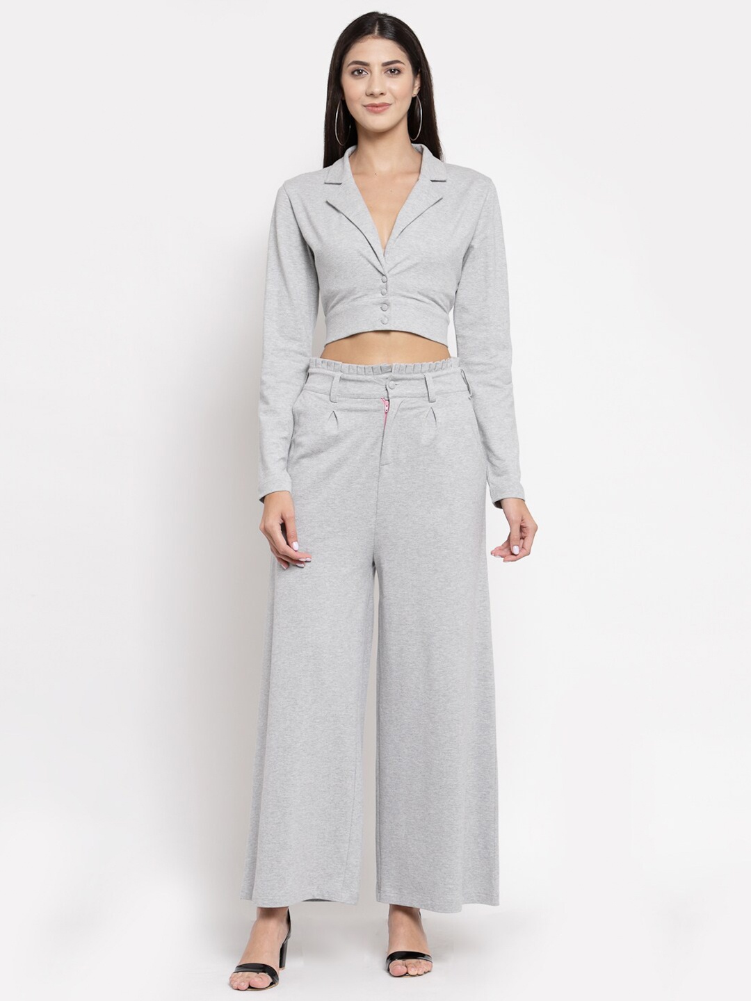 

YOONOY Women Grey Melange Solid Coat with Palazzos Set