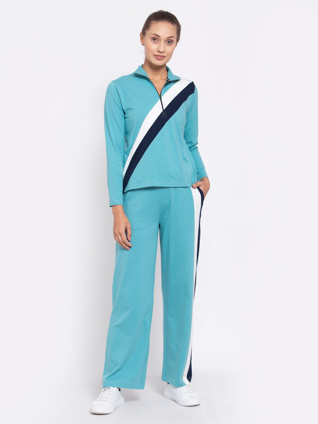 

YOONOY Women Sea Green & White Striped Sweatshirt with Trousers
