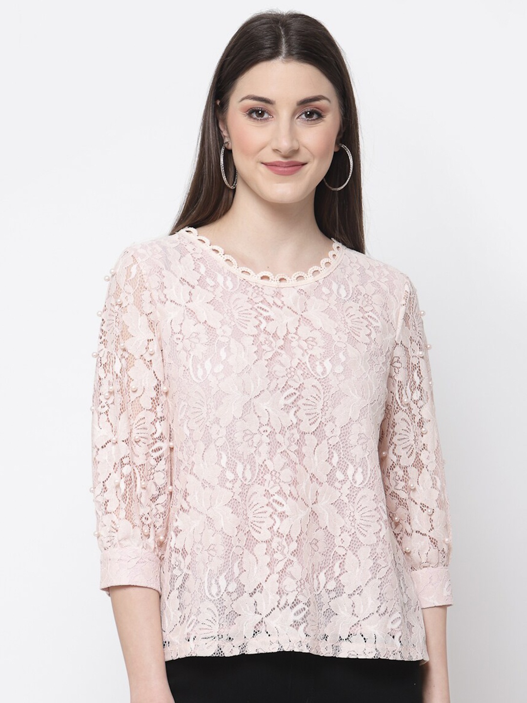 

Mafadeny Women Peach Lace Top