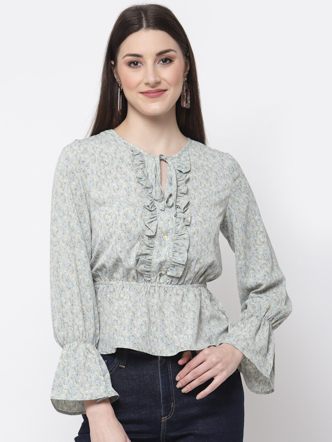 

Mafadeny Green & White Floral Print Tie-Up Neck Cinched Waist Top