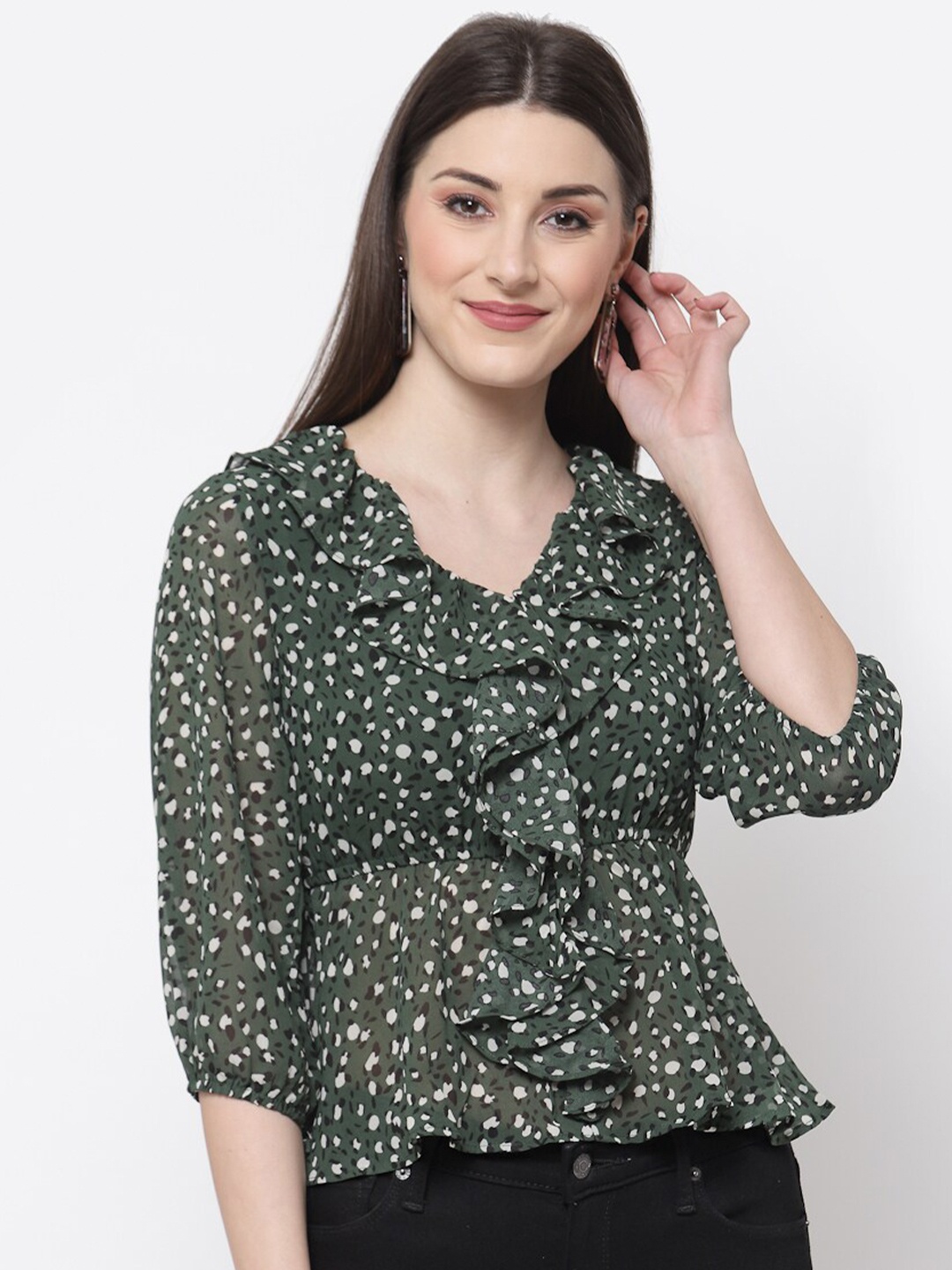 

Mafadeny Olive Green & White Animal Print Ruffles Georgette Peplum Top