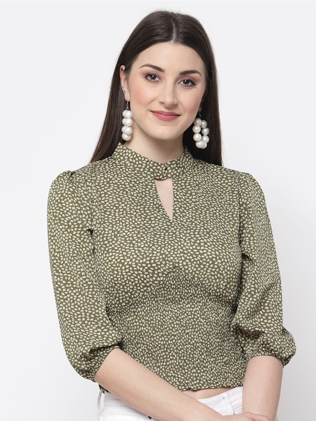 

Mafadeny Green Printed Keyhole Neck Top