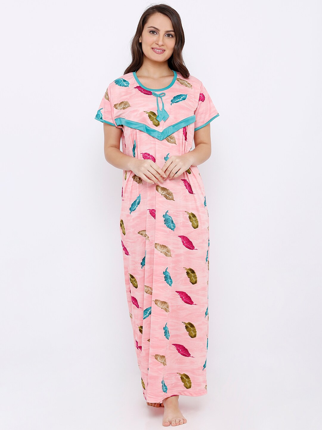

Pretty Awesome Peach-Coloured Printed Maternity Feeding Maxi Nightdress