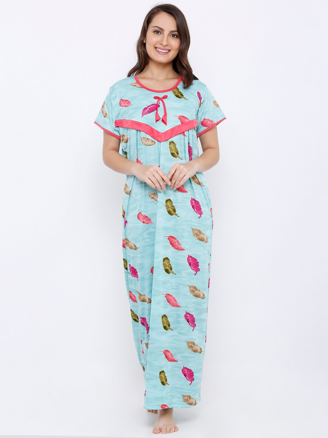 

Pretty Awesome Turquoise Blue Printed Maternity Feeding Maxi Nightdress