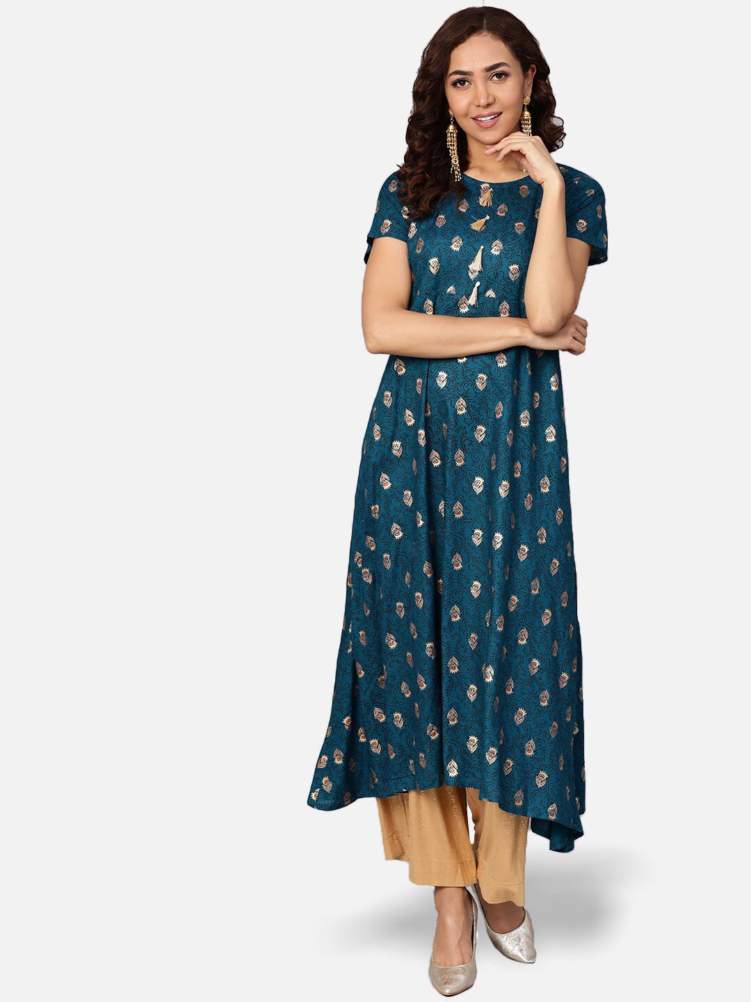 

Jompers Women Teal & Golden Ethnic Motifs Printed Kurta