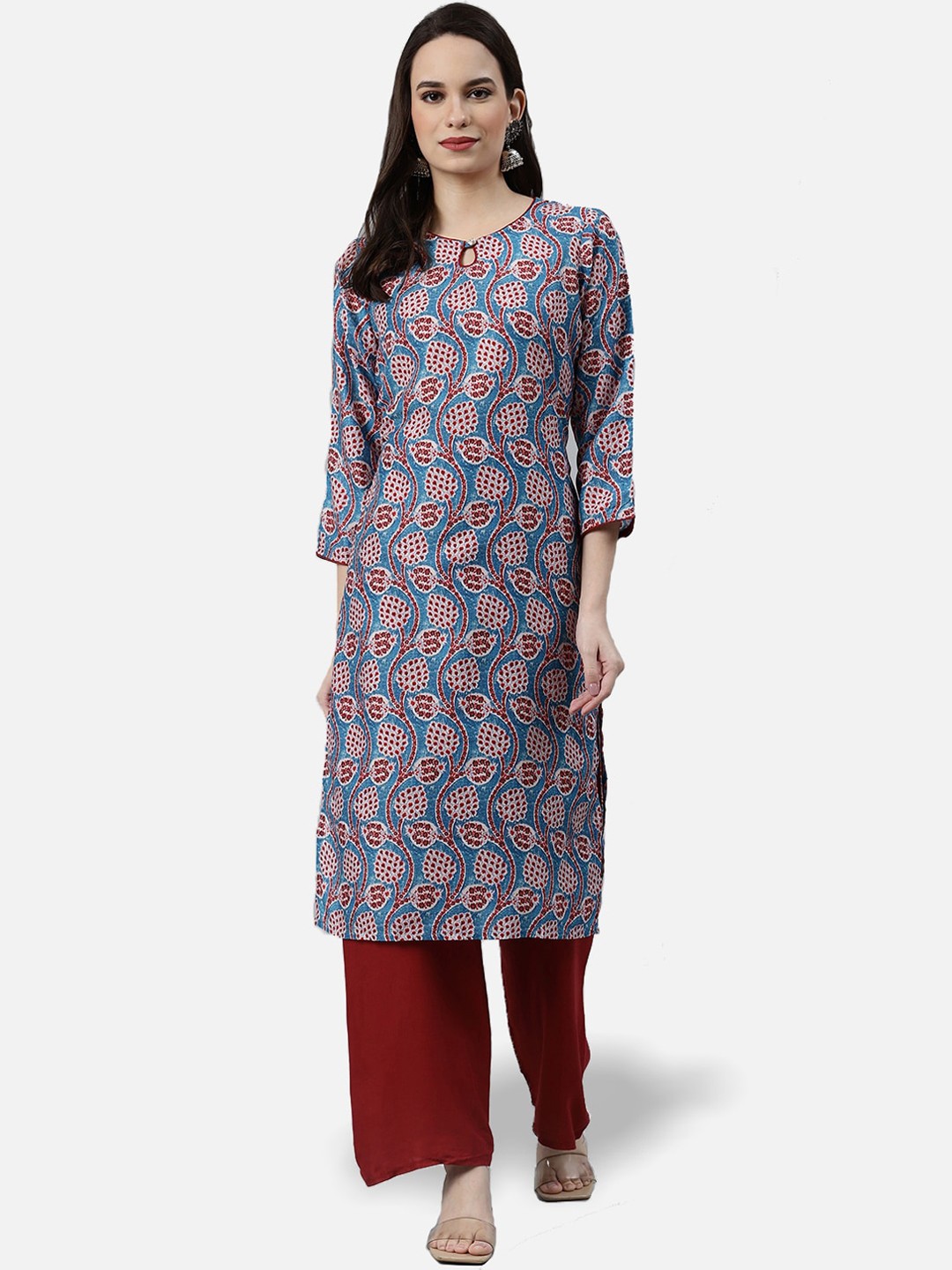 

Jompers Women Blue Floral Printed Keyhole Neck Kurta