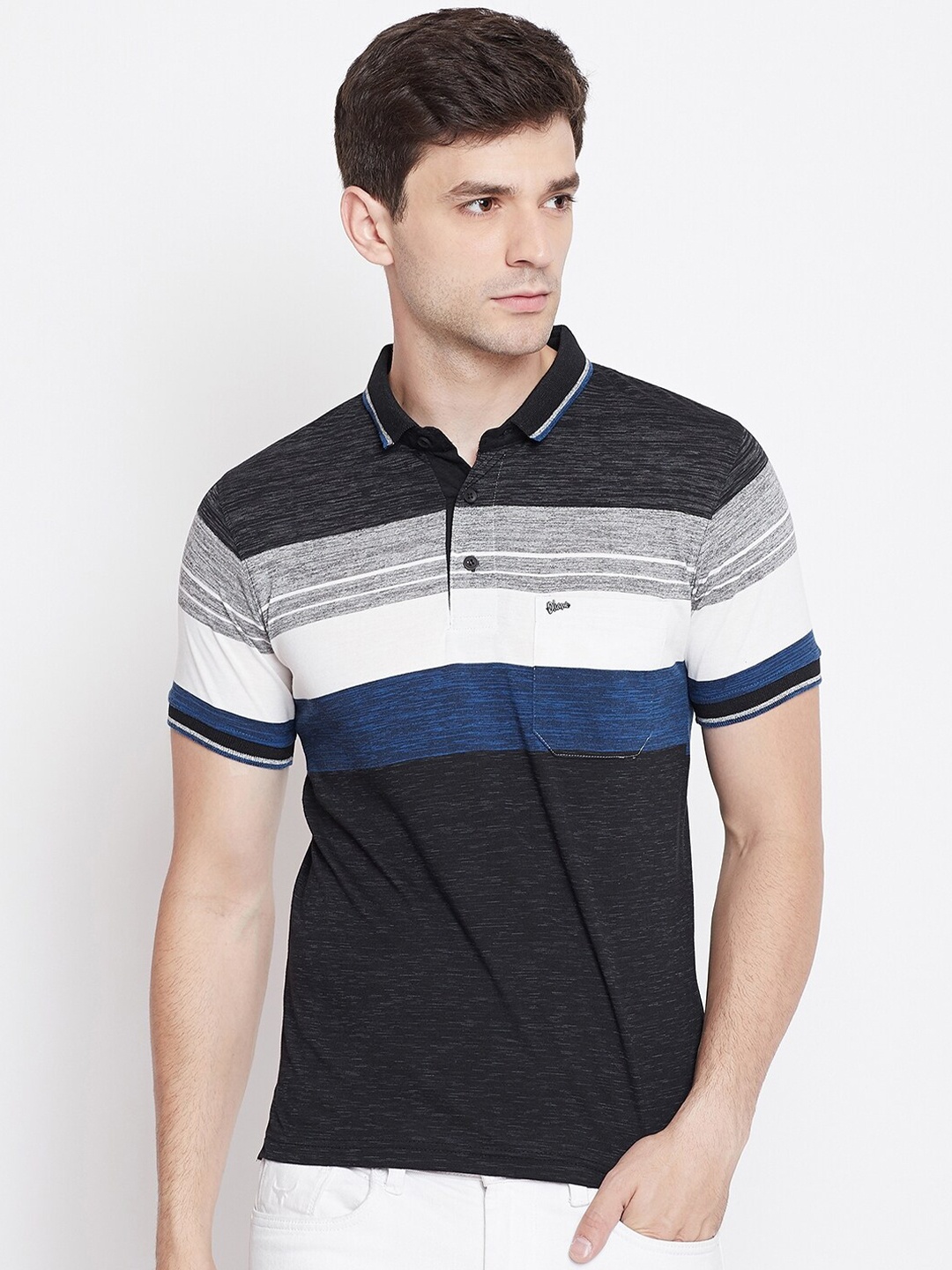 

Okane Men Black Striped Polo Collar Cotton T-shirt
