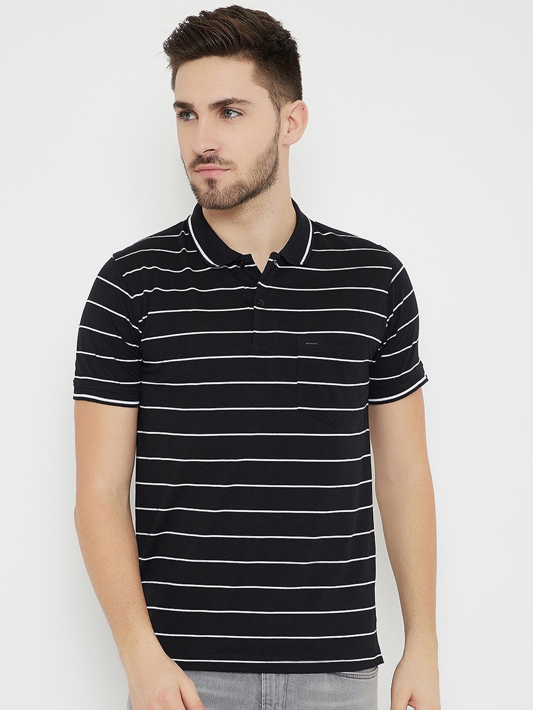 

Okane Men Black Striped Polo Collar Cotton T-shirt