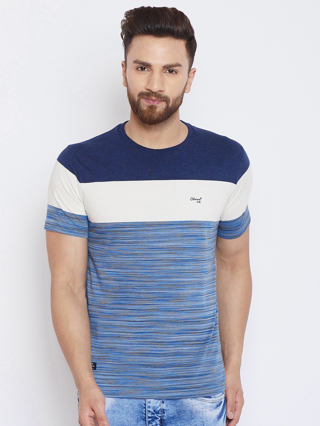 

Okane Men Blue & White Striped Cotton T-shirt