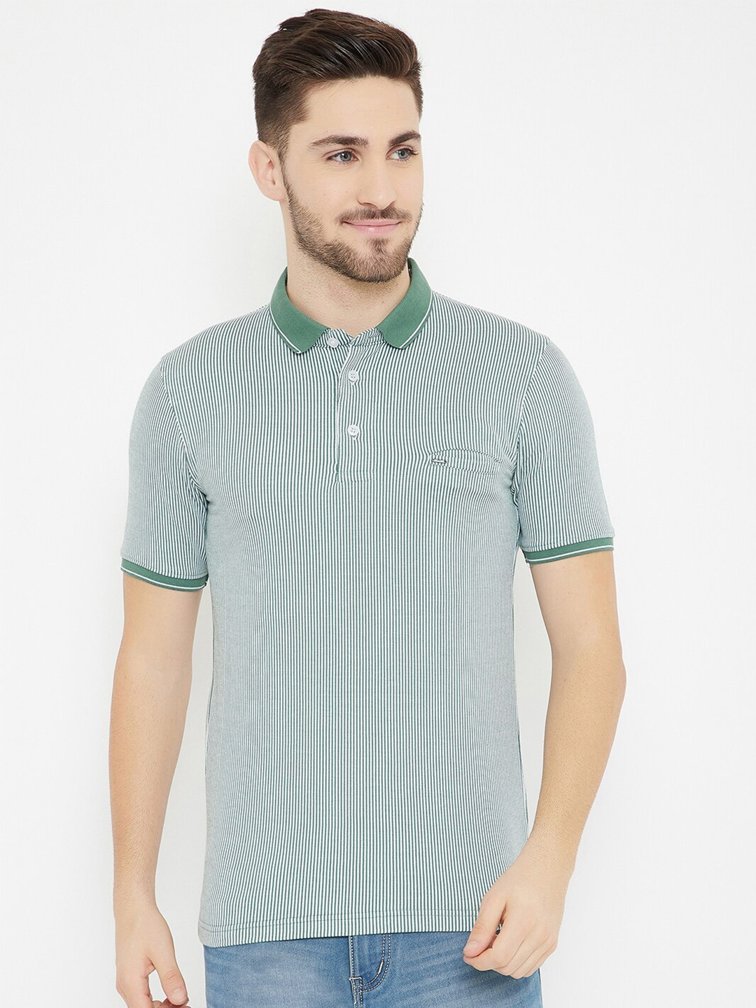

Okane Men Green Striped Polo Collar T-shirt