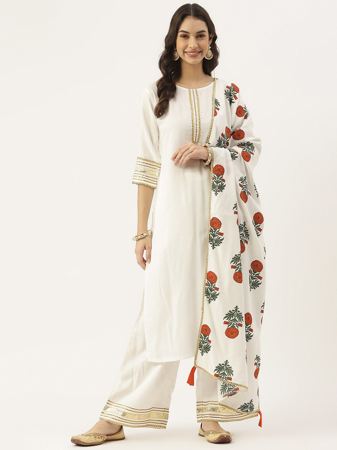 

Rustorange Women White Floral Yoke Design Pleated Kurta with Trousers & With Dupatta