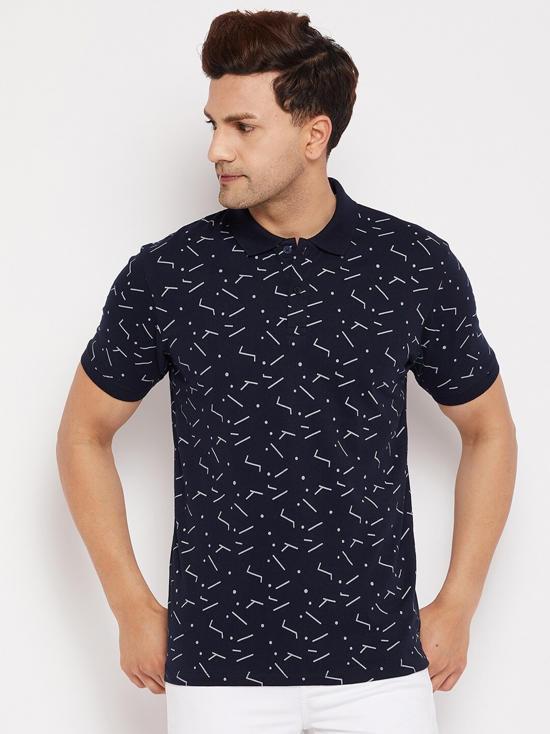 

WILD WEST Men Navy Blue & White Printed Polo Collar T-shirt