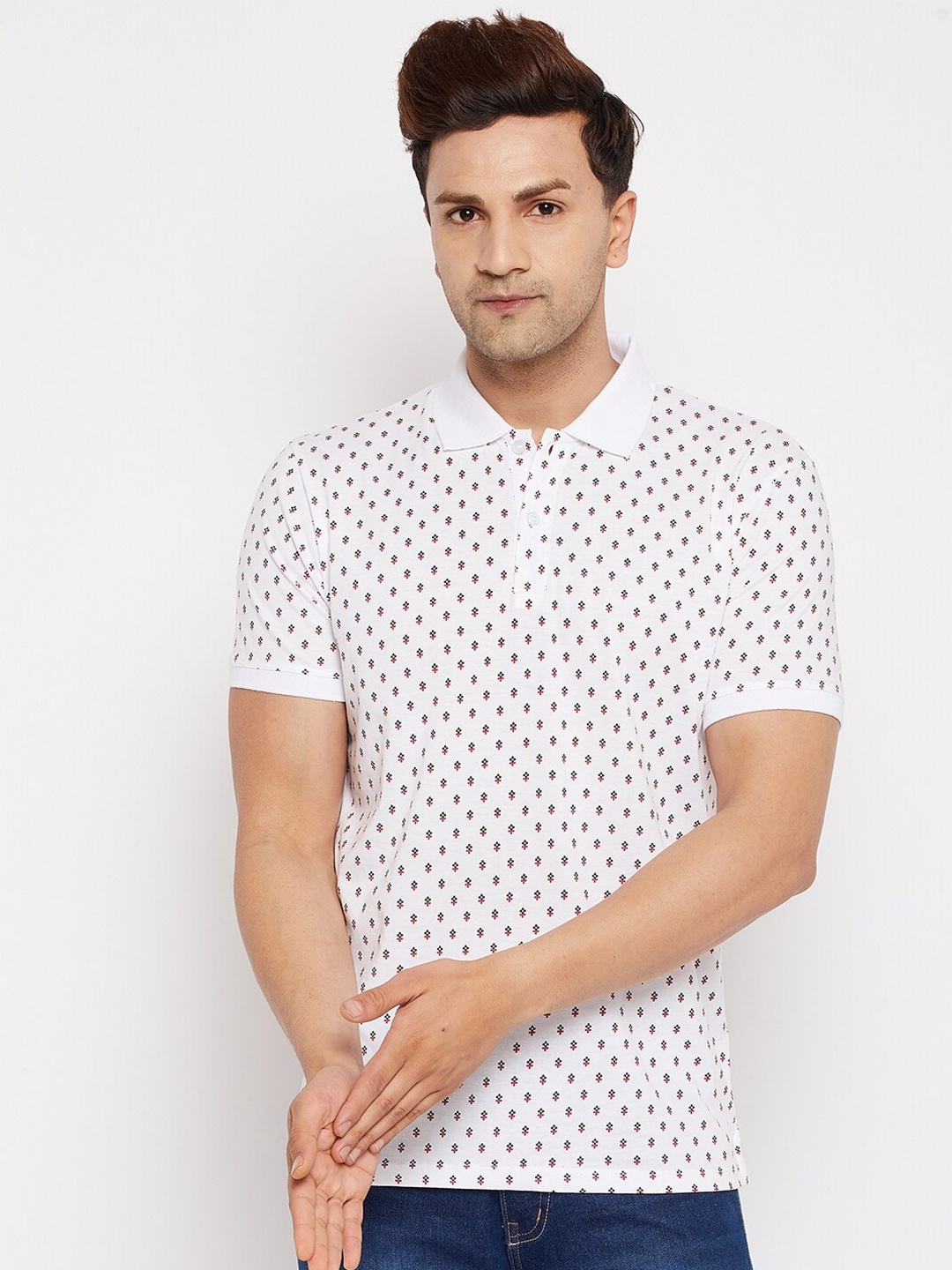 

WILD WEST Men White Printed Polo Collar T-shirt