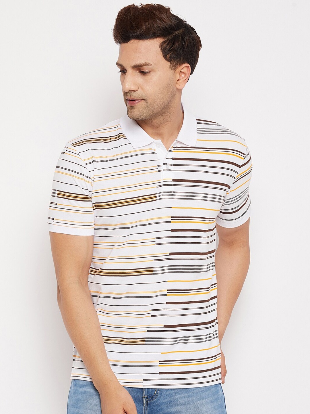 

WILD WEST Men White Striped Polo Collar T-shirt