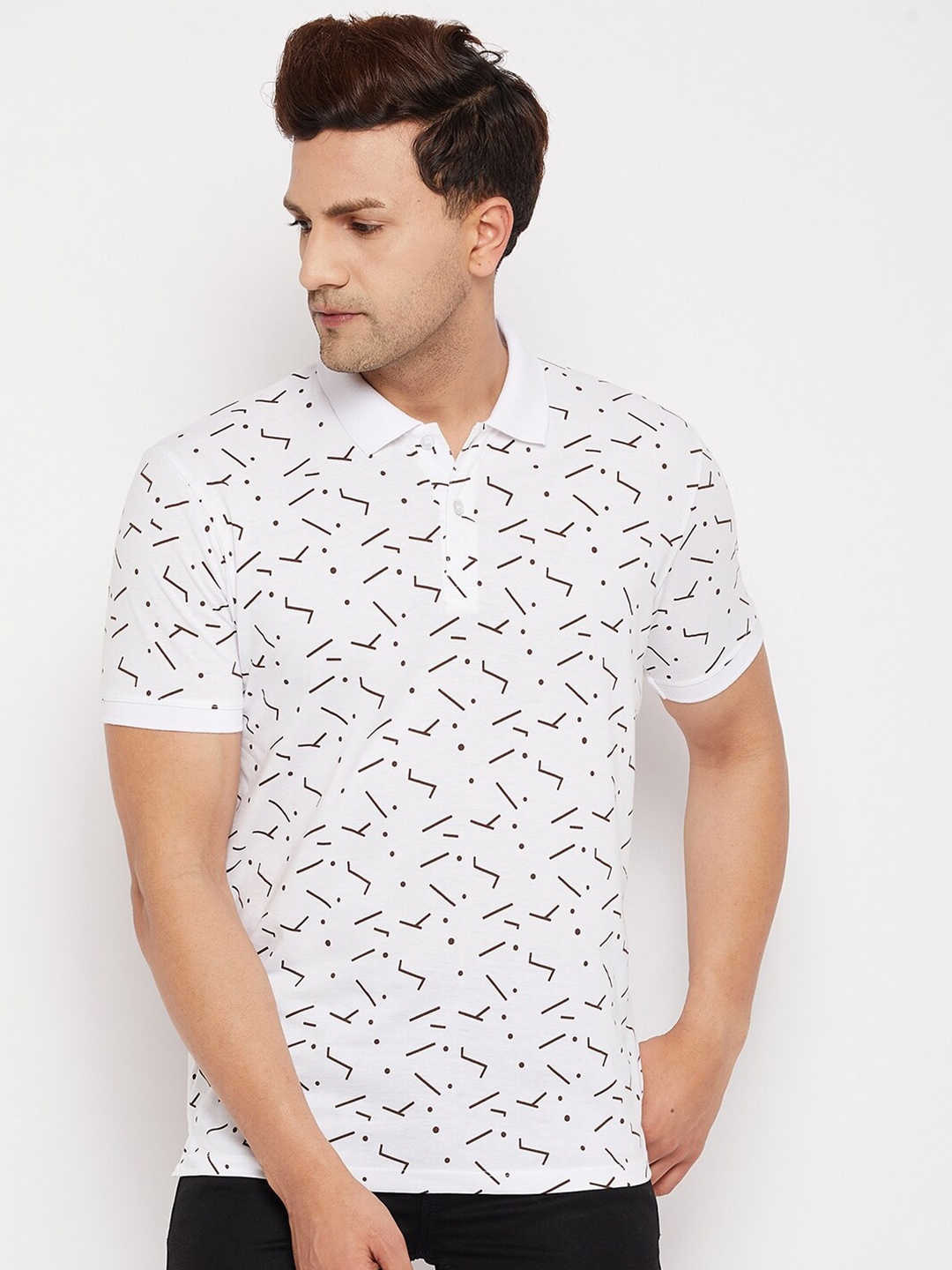 

WILD WEST Men White Printed Polo Collar T-shirt