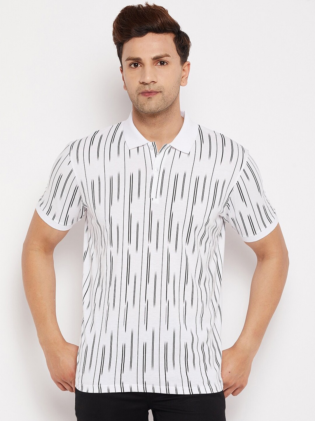 

WILD WEST Men White Striped Polo Collar T-shirt