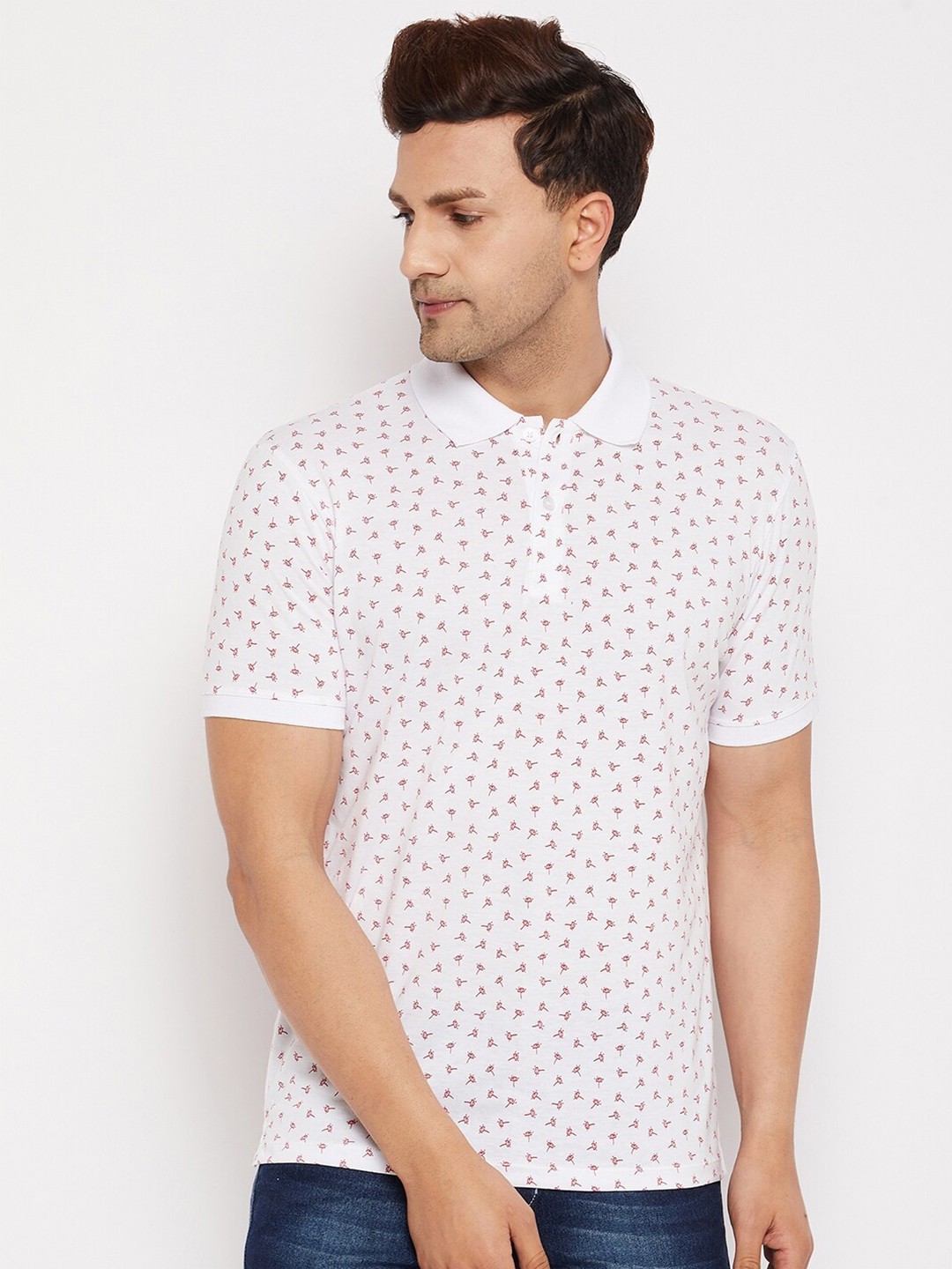 

WILD WEST Men White Printed Polo Collar T-shirt