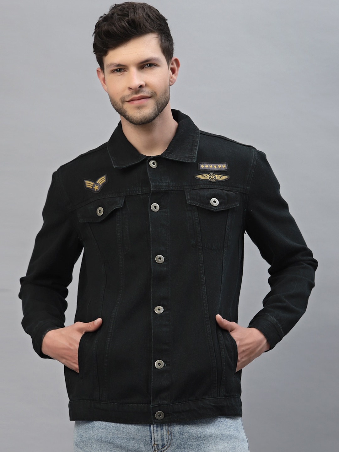 

Style Quotient Men Black Denim Jacket with Patchwork