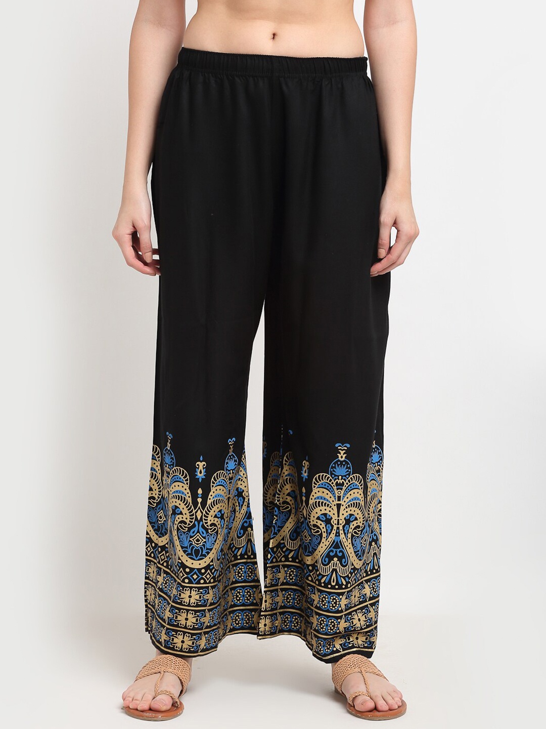 

TAG 7 Women Black & Blue Ethnic Motifs Printed Flared Palazzos