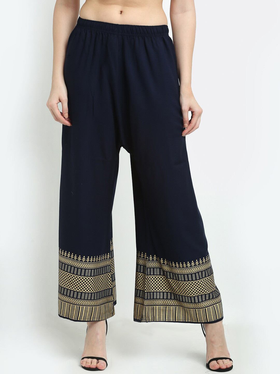 

TAG 7 Women Navy Blue & Gold-Toned Printed Flared Palazzos