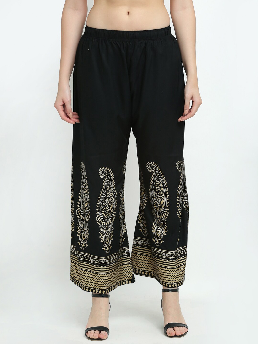 

TAG 7 Women Black & Gold-Toned Ethnic Motifs Printed Flared Palazzos