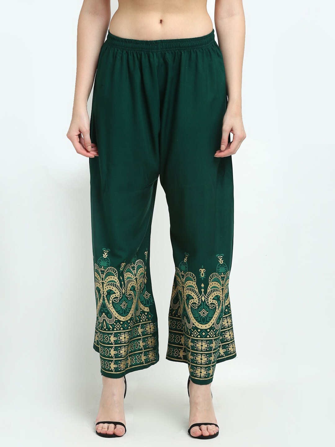 

TAG 7 Women Green & Gold-Toned Ethnic Motifs Printed Flared Palazzos