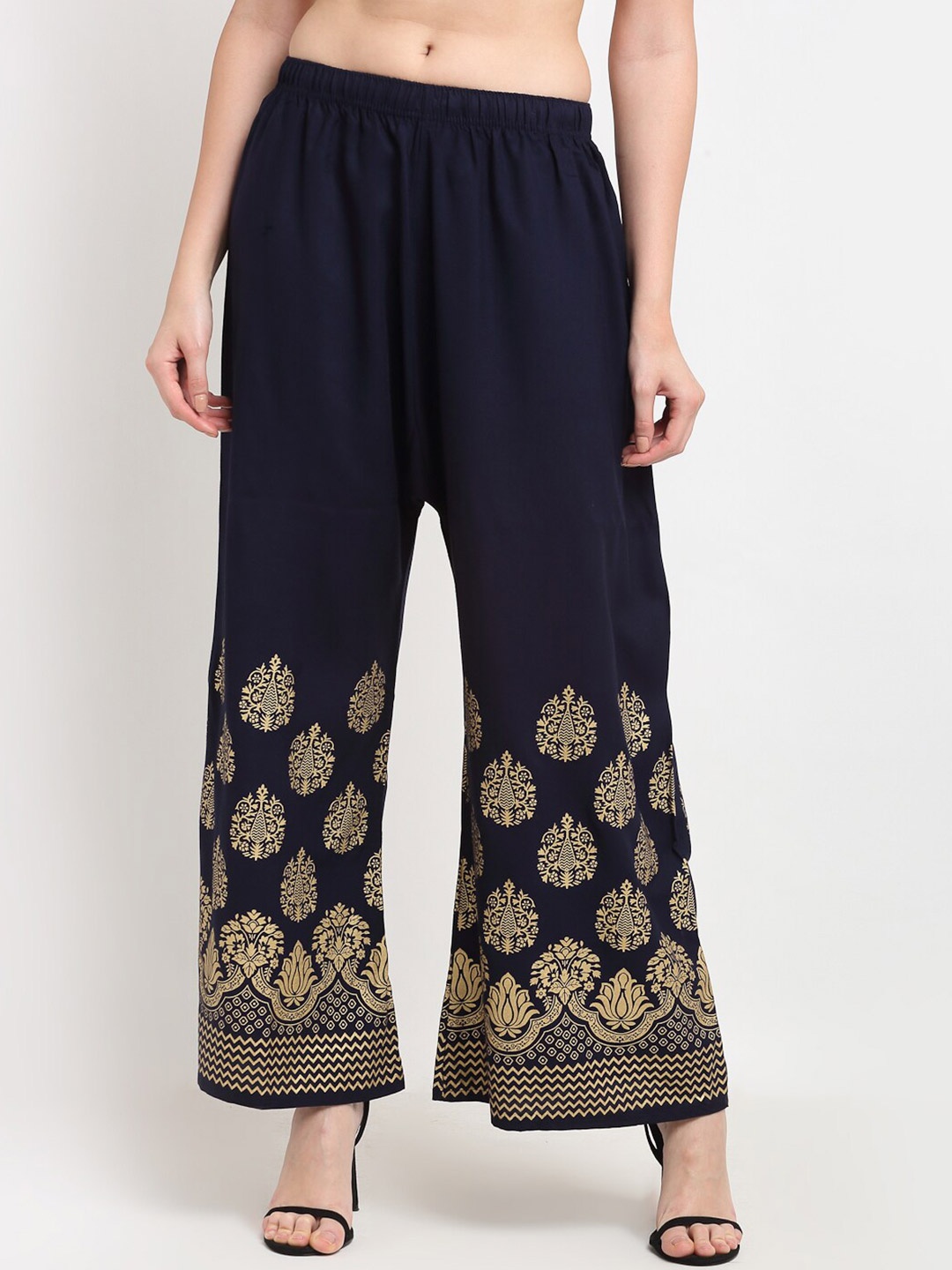 

TAG 7 Women Navy Blue & Gold-Toned Ethnic Motifs Printed Flared Palazzos