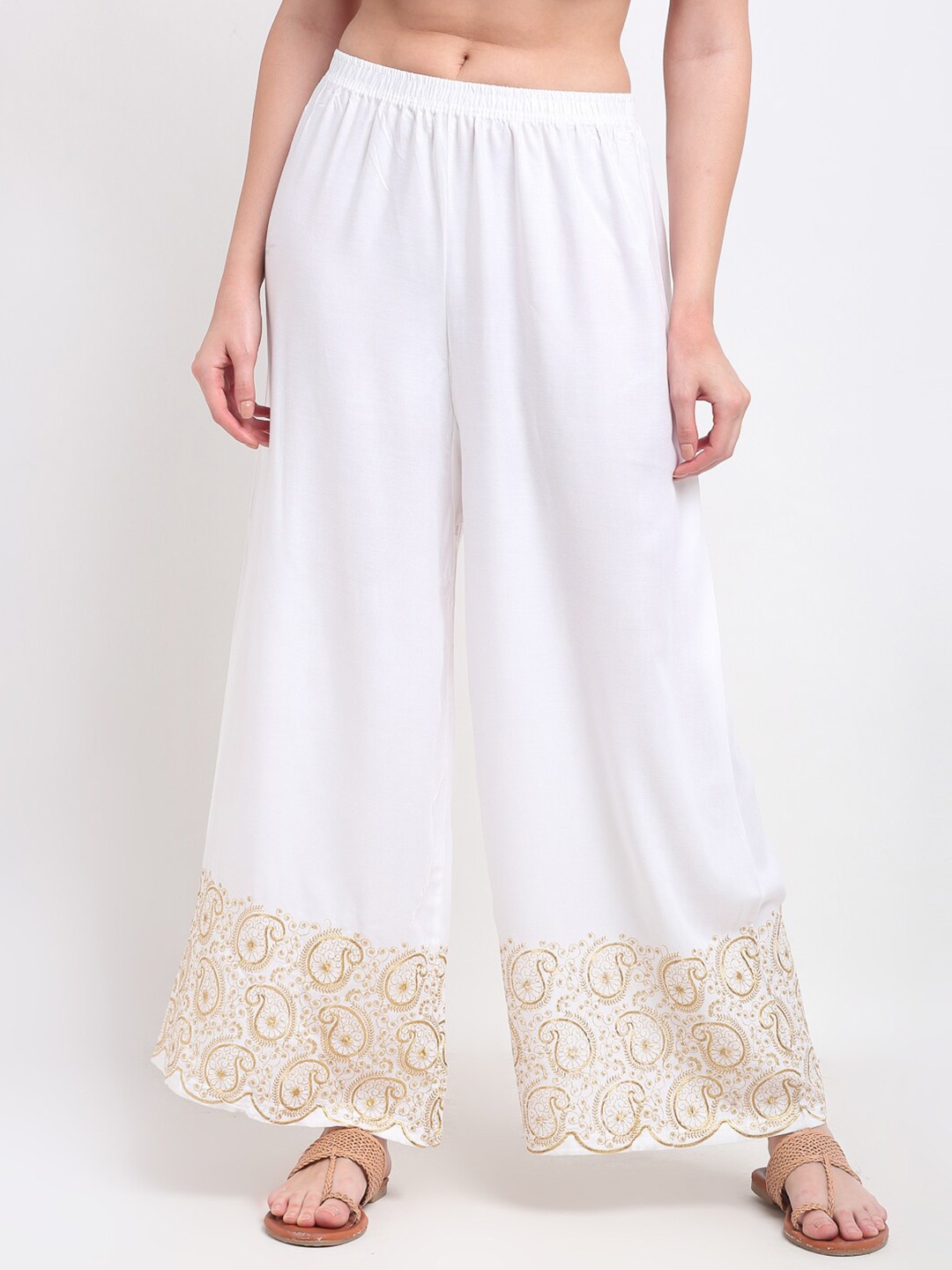 

TAG 7 Women White & Brown Paisley Embroidered Flared Ethnic Palazzos