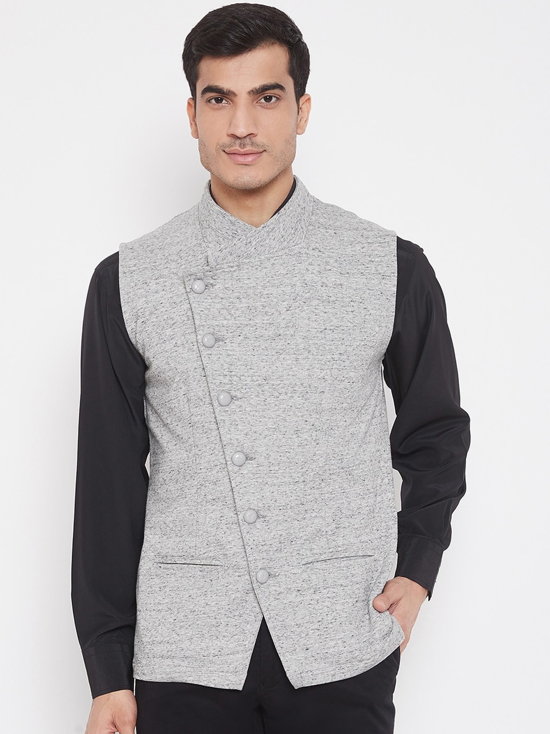 

Hypernation Men Grey Melange Cotton Nehru Jacket