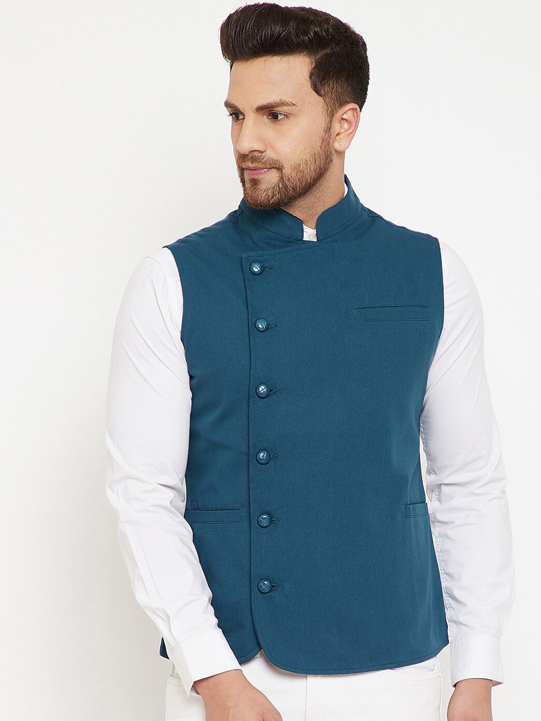 

Hypernation Men Teal Blue Solid Pure Cotton Waistcoat