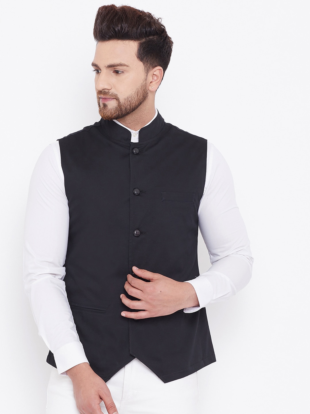 

Hypernation Men Black Solid Bandhgala Cotton Waistcoat