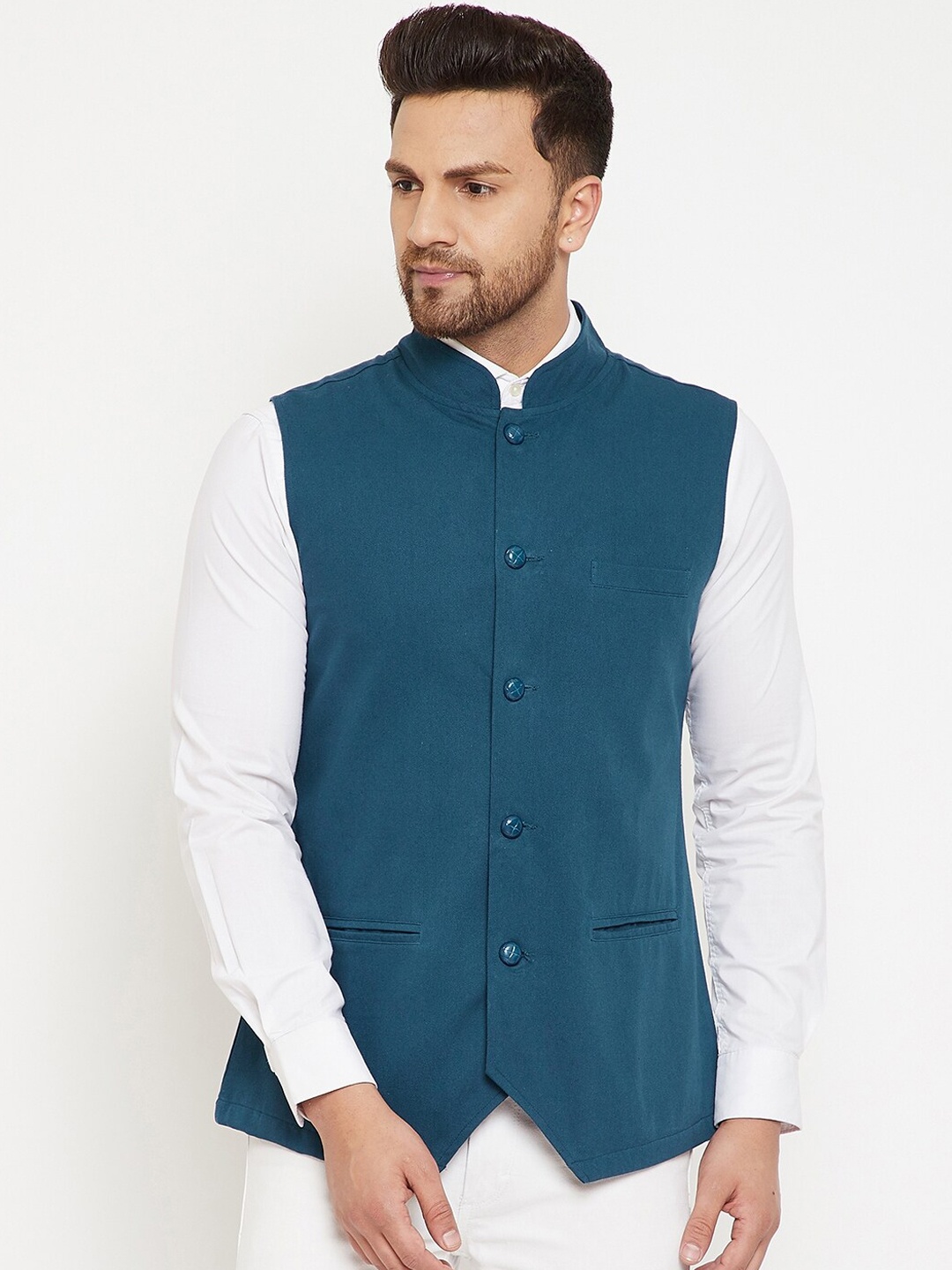 

Hypernation Men Teal Blue Cotton Waistcoat