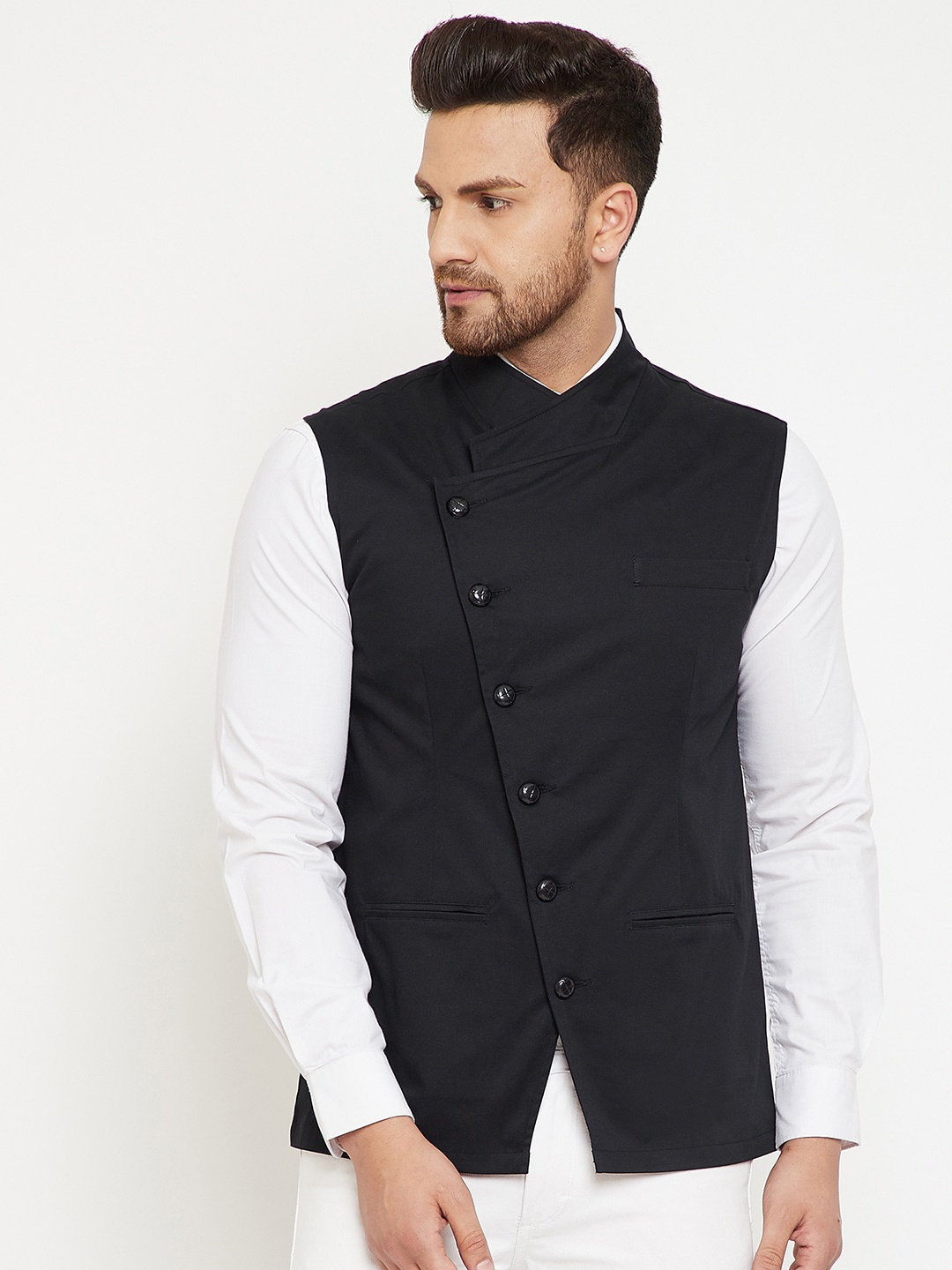 

Hypernation Men Black Solid Nehru Jacket