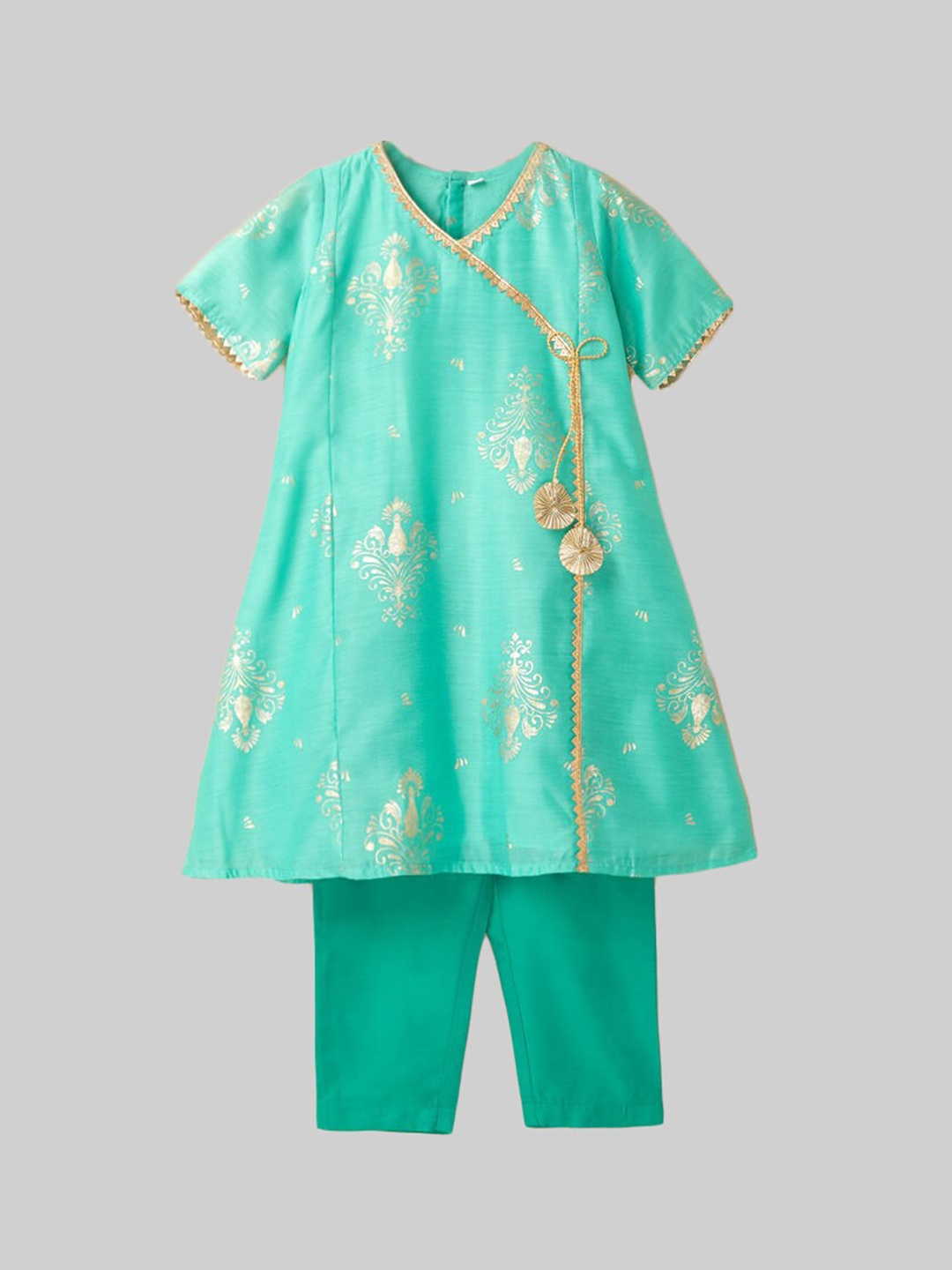 

The Magic Wand Girls Sea Green Angrakha Kurta with Trousers