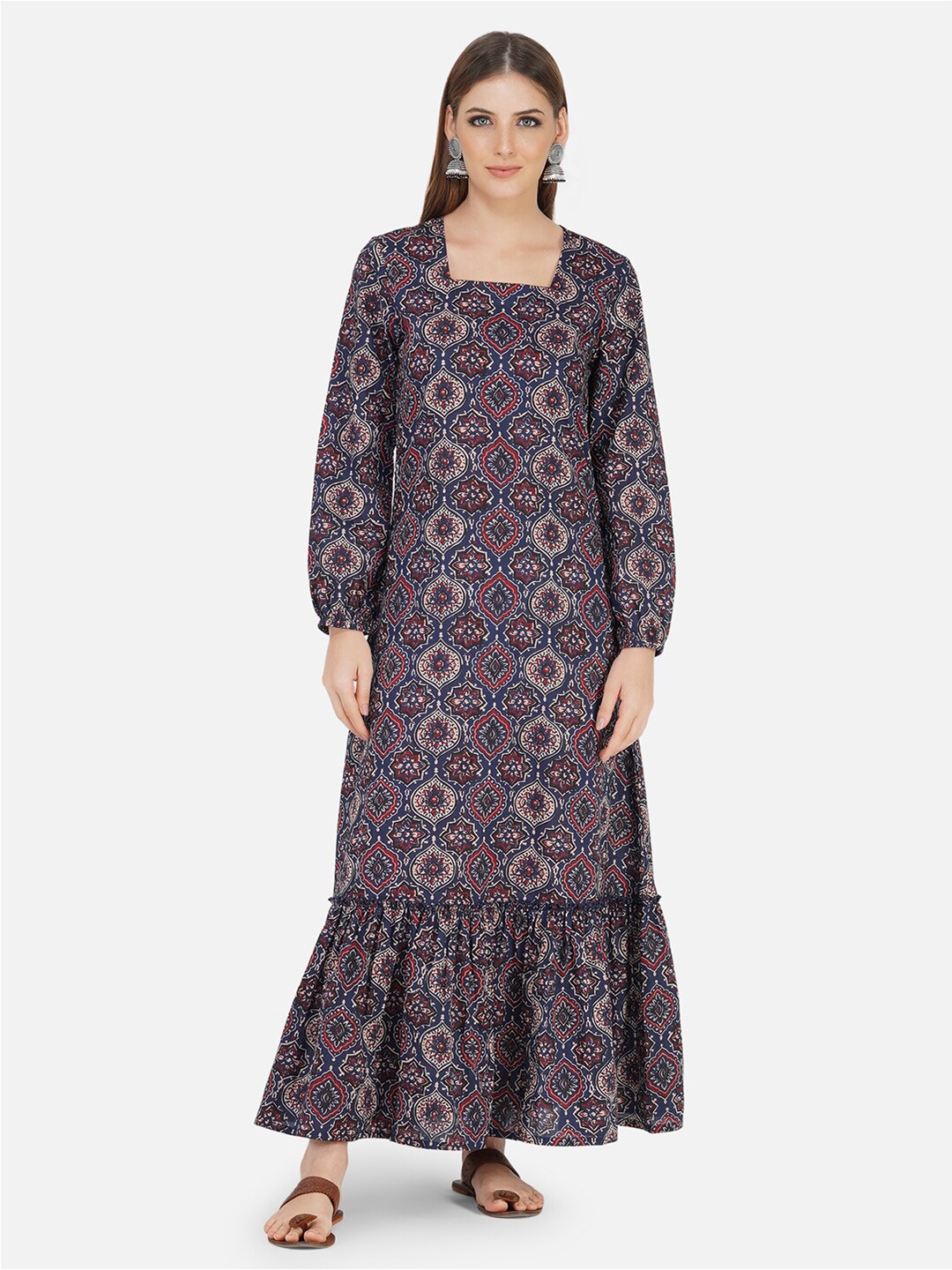 

FABNEST Navy Blue & Multicoloured Geometric Print Maxi Dress