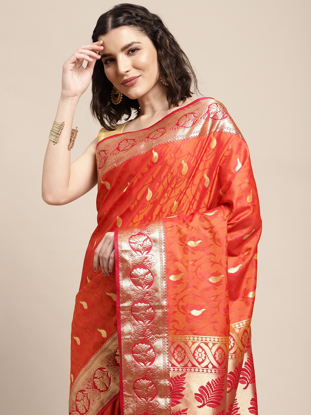 

Thara Sarees Orange Ethnic Motifs Zari Art Silk Kovai Saree