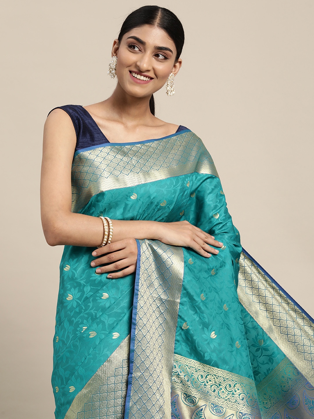 

Thara Sarees Blue Floral Zari Art Silk Kovai Saree