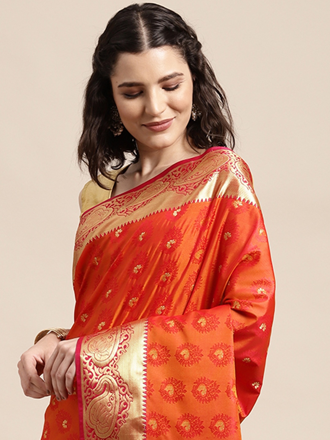 

Thara Sarees Orange Ethnic Motifs Zari Art Silk Kovai Saree