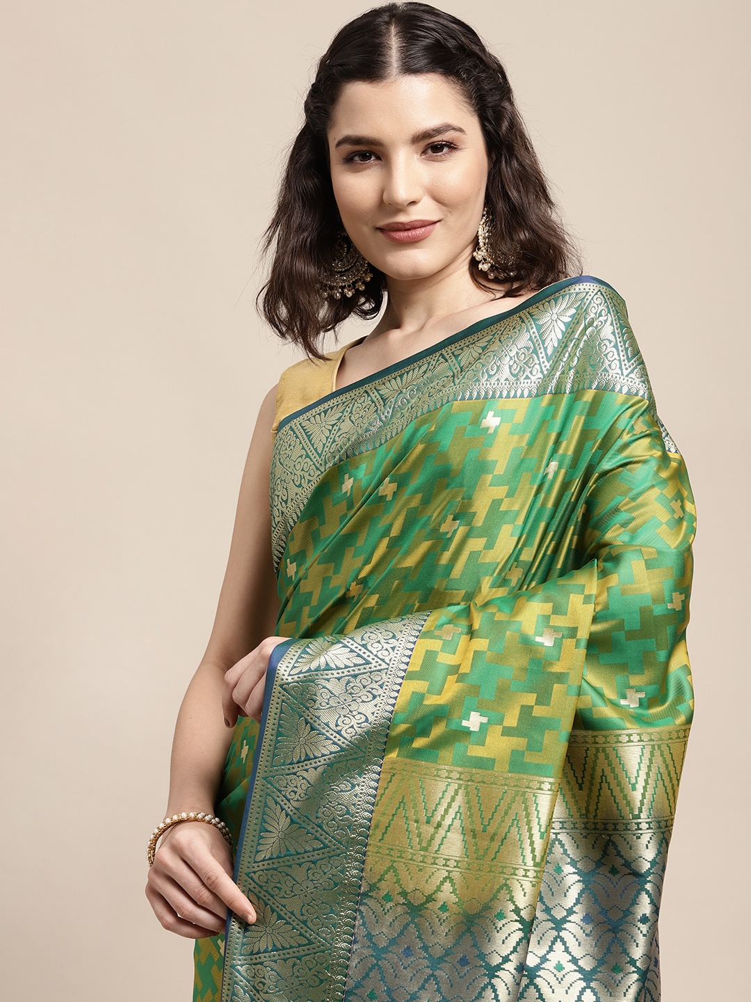 

Thara Sarees Green & Yellow Zari Art Silk Kovai Saree