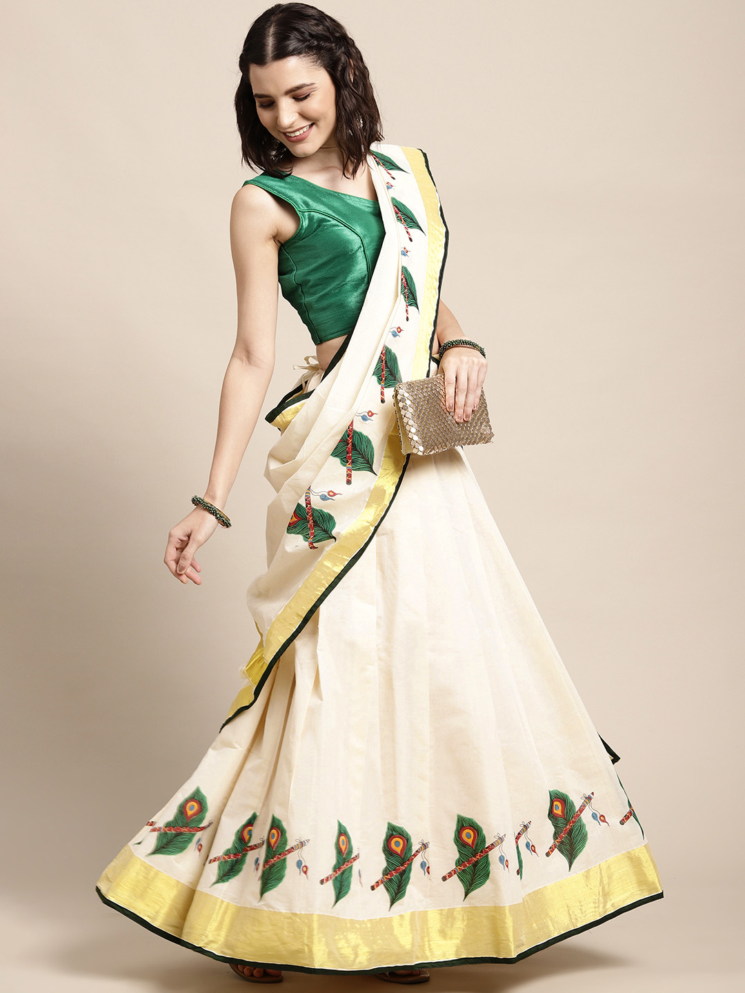 

Thara Sarees Cream-Coloured Solid Semi-Stitched Lehenga Kasavu Saree