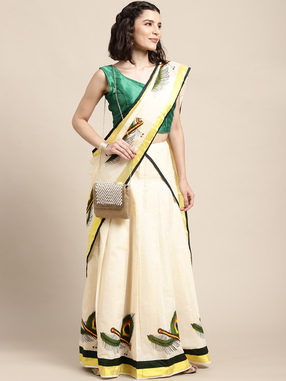 

Thara Sarees Cream-Coloured Solid Semi-Stitched Lehenga Kasavu Saree