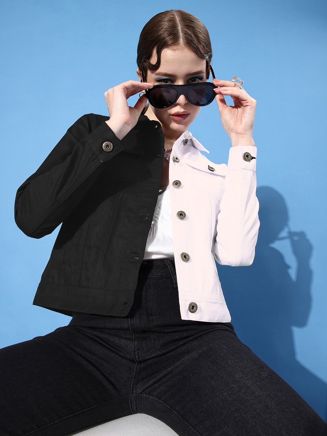 

Style Quotient Women Black & White Colourblocked Denim Jacket